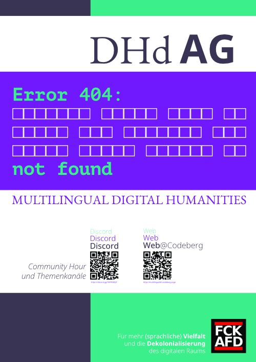 Poster der DHd-AG Multilingual DH mit QR-Codes zu Website und Discord-Channel